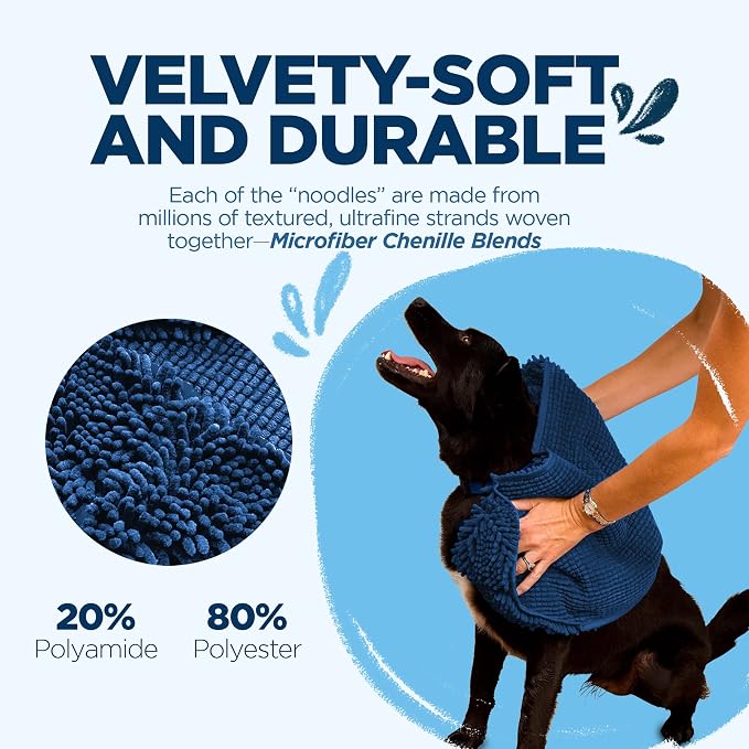 Soggy Doggy Super Shammy Dog Towel – Absorbent Microfiber Chenille Pet Towel for Drying Wet Dogs, Muddy Paws, Quick Dry Dog Shammy with Hand Pockets, Machine Washable – Navy Blue, 31” x 14”