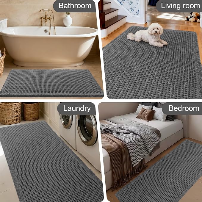 ACCUMTEK Extra Large Waffle Bath Mat, 6'x2' Grey, Super Absorbent Non-Slip Quick Dry Bathroom Rugs with Tassels, Machine Washable Ultra Soft Boho Bath Rugs for Floor, Toilet Mats Boho Farmhouse Decor