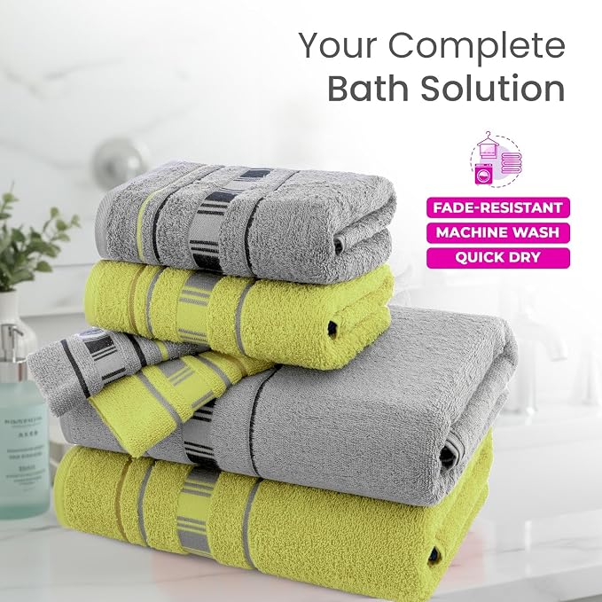 CASA COPENHAGEN X Line 6Pcs 100% Egyptian Cotton Large Designer Towels Gift Set- Grey - Green, 600 GSM, 2Bath 2Hand 2Washcloths, Bath Towels for Bathroom Set for Women & Men