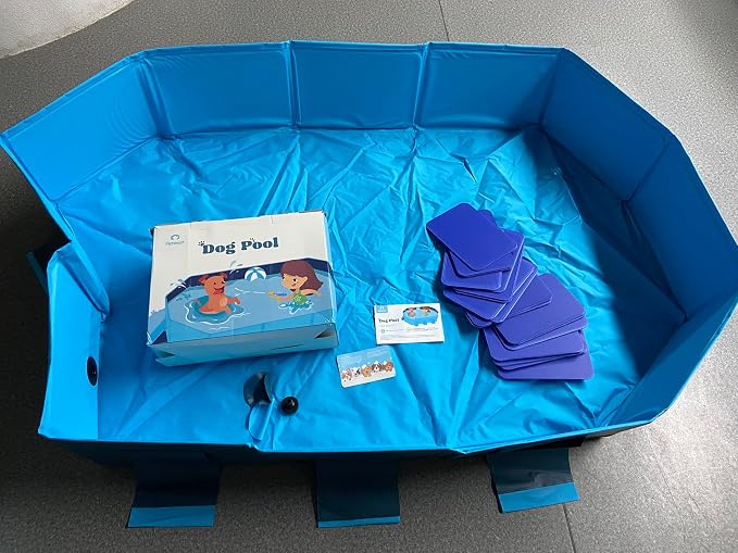 Peteast Foldable Dog Pool with Sturdy Square Design, Durable 82" Lx46 Wx12 D Extra Large Portable Pet Bathtub with Reinforced Sidewalls for Stability, Ideal for Indoor & Outdoor Use (Blue&Dark Gray)