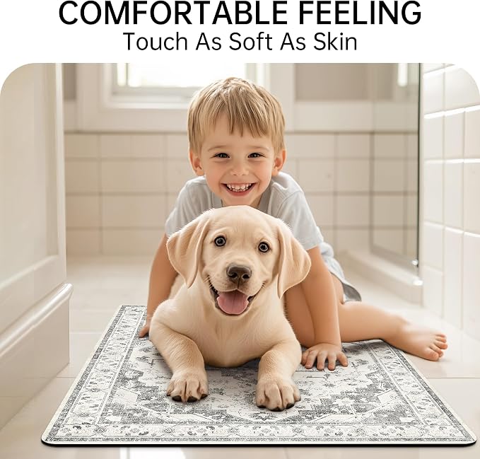Mecko Bath Mat, Ultra Absorbent Quick Dry Bathroom Floor Mats-Rubber Non-Slip Thin Bathroom Rug Fit Under Door, Faux Suede Surface Shower Rug for Bathtub, Sink, Shower Room(Grey/White,20"x32")