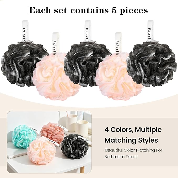Bath Loofah Sponge 70 Grams Large Size, Soft Mesh Long-Lasting Shower Loofah for Rich Lather, 5 Pack Shower Sponge Exfoliating Cleaning Bath Loofa Body Scrubber Balls for Men & Women(Black Mixed)