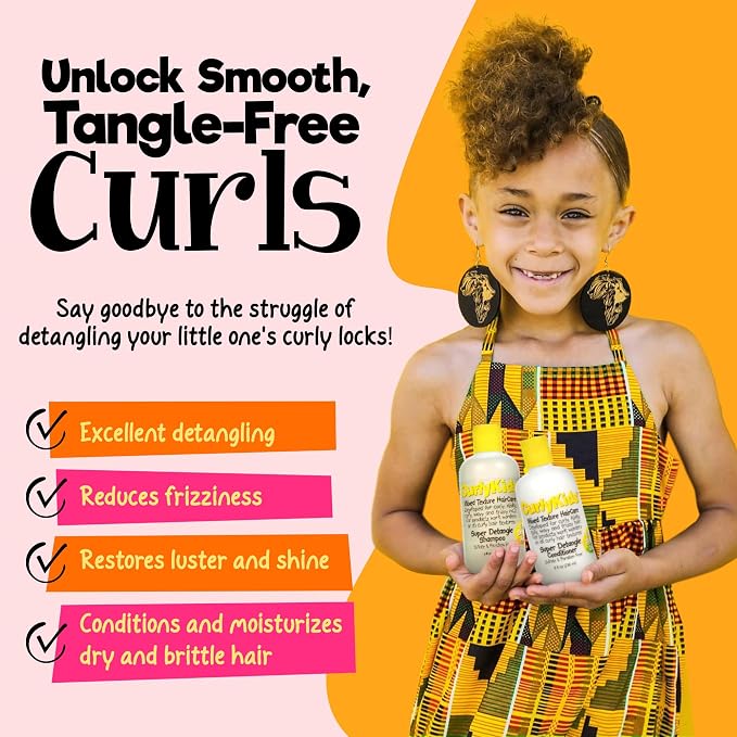 CurlyKids Super Detangle Kids Shampoo & Conditioner Set, Frizz-Free Care for Curly, Kinky, Wavy, and Frizzy Hair - Sulfate & Paraben-Free Hair Care