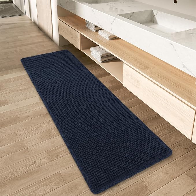 Upgraded Waffle Runner Rug Super Absorbent Non Slip Bath Mats for Bathroom, Washable Bathroom Runner Rug with Tassels, Ideal for Hallway Bedroom Laundry Room, Brown, 2'x 6'(24" x 72"), Navy Blue