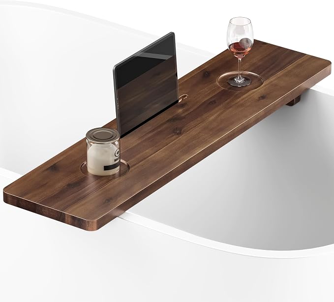 Tinamo 35”L Wooden Bathtub Tray, Bathtub Caddy Tray For Tub with Tablet Slot & Wine Holder - Acacia Bath Tray For Tub, Bath Table - Bathtub Tray Table with Adjustable Legs (Walnut color, 35"x 9"x2.5") | Acacia Wood, 35" x 9" x 2.5", Adjustable Width, B...