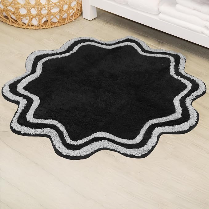 Home Weavers Allure Collection 100% Cotton Round Bath Rug, Soft & Absorbent Circular Bathroom Mat, Spray Latex Backing, Quick Dry, Machine Washable Bath Rug for Floor, Tub & Shower, 30" Round, Black