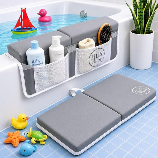 Comfortable Baby Bath Kneeler and Elbow Rest Pad Set, Non-Slip Bathtub Kneeling Pad for Bathing Baby, Bath Tub Cushion Mat, Elbow Pads, Toy Organizer Storage Pockets, Strong Suction Cups