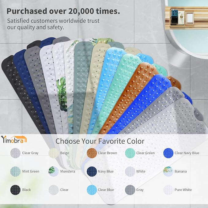 Yimobra Non Slip Bathtub Mat 40 x 16 Inch, Extra Long Shower Mat with Drain Holes, Machine Washable Baby Bath Mats, Strong Suction Cups for Bathroom Floor, Clear Navy Blue