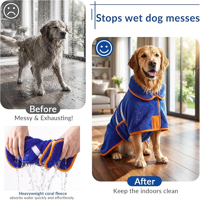 Bienbee Dog Bathrobe, Quick Drying Super Absorbent Dog Robes for After Bath, Warm Keeping Dogs Towel, Dogs Bath Supplies, Dark Blue XXL