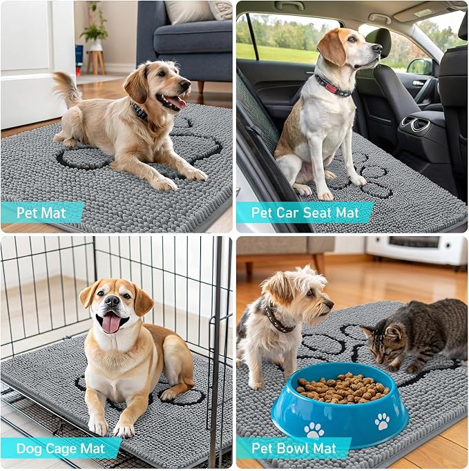 OLANLY Dog Door Mat for Muddy Paws 54x24, Paw Print Design, Absorbs Moisture and Dirt, Absorbent Non-Slip Washable Doormat, Quick Dry Chenille Mud Mat for Dogs, Entry Indoor Entryway Carpet, Grey