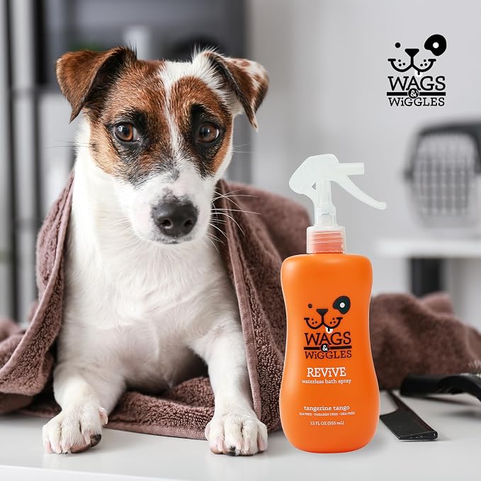 Wags & Wiggles Revive Waterless Bath Spray for Dogs, Tangerine Tango Scent, Dog Waterless Shampoo and Deodorizer for Smelly Dogs, pH Balanced, Paraben Free, 12 Fl Oz