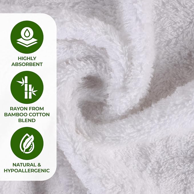 Superior Rayon from Bamboo Blend 8-Piece Towel Set, Luxury Quick Dry, Bathroom Essentials, Shower, Spa, Plush Soft Absorbent Towels, Includes 2 Bath, 2 Hand, 4 Washcloth/Face Towels, White