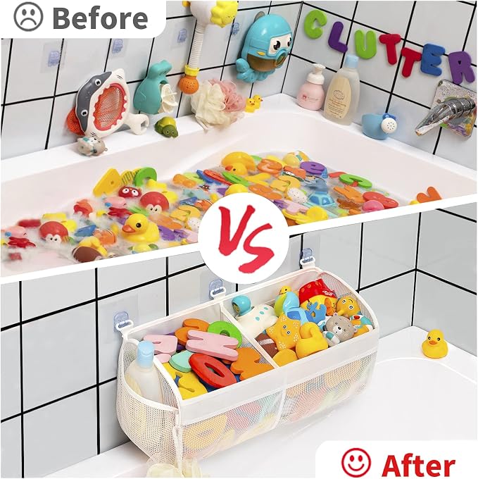 Austion Original Two Compartment Easy-access Mesh Bath Toy Organizer for Bath Tub with Large Openings Quick Drying Cute Toddler Bath Toy Storage Holder for Baby