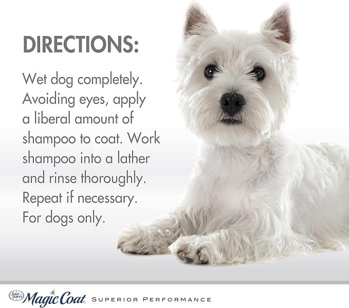Four Paws Magic Coat Bright White Dog Shampoo, Almond Shea Butter Scent | 16 oz, brightening dog wash, removes tear stains, dog conditioner, removes discoloration & whitens coat, all coat types