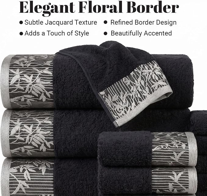 Superior Floral Jaquard Cotton Bathroom Towels, 12pc Towel Set, Black | Soft Absorbent Quick Dry Terry Weave, Hotel Quality, Wisteria Towels Includes 3 Bath Towels, 3 Hand Towels, 6 Washcloths