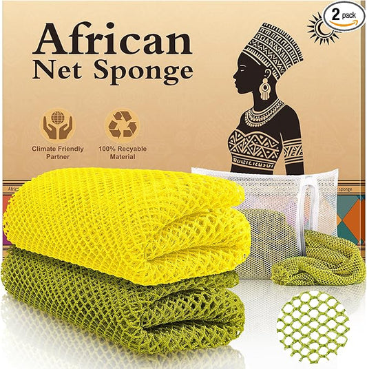 Authentic African Net Sponge - 2 Pieces Deep Clean Exfoliator - Premium Fabric, Gentle Exfoliation for Body & Shower Use (Army Green & Yellow)