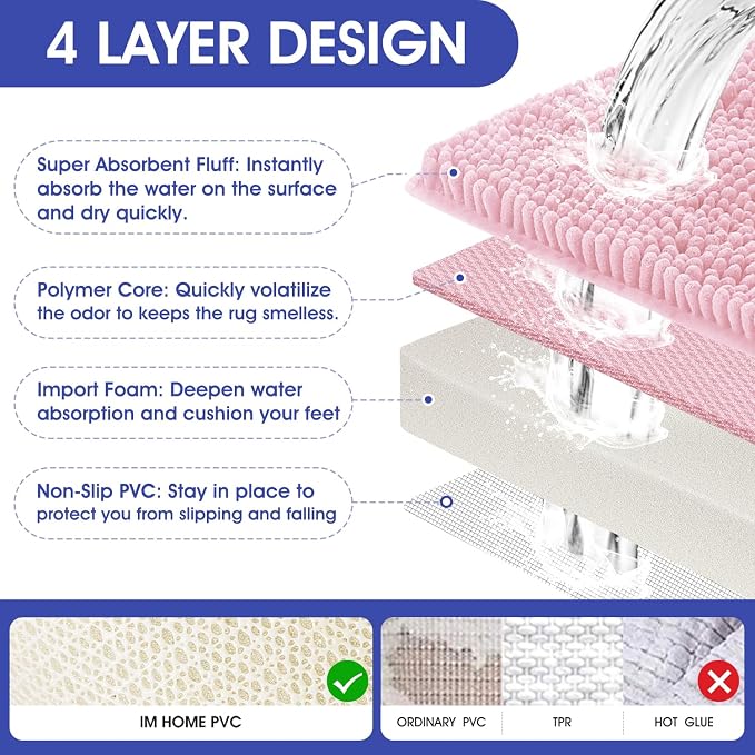 ACCUMTEK Christmas Striped Pink Toilet Bathroom Rug Mat Set 2 piece Rug Ultra Soft, Non Slip Chenille Bath Rugs, Absorbent Plush Shaggy Bath Mats for Bathroom, Bedroom, Kitchen, Shower, Tub