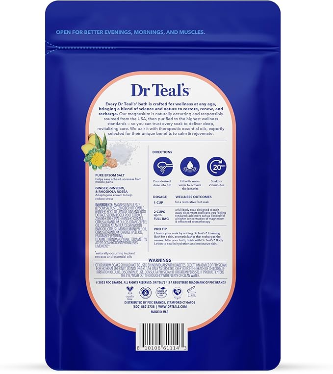 Dr Teal's Epsom Salt Magnesium Soak, Salt Stress Relief with Ginseng & Ginger Essential Oils, 3 lbs (Pack of 4)