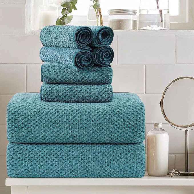 8 Pcs Turquoise Family Bath Towel Set 600GSM Soft Absorbent Quick Dry Towel | 2 Oversized Bath Towel Sheets,2 Hand Towels,4 Washcloths Beach Chair Towels Woven Towels for Bathroom Hotel and Spa