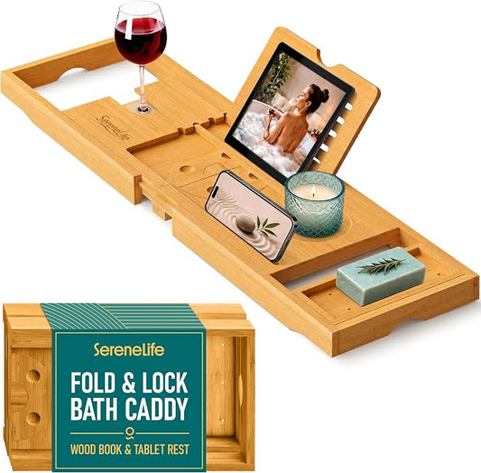 SereneLife 2 in 1 Bed and Bath Tray - Foldable Bamboo Bathtub Caddy with Adjustable Length, Non-Slip, Device Holder, Wine Glass Slot, Expandable for Comfortable Bathing, Natural, Folding Set