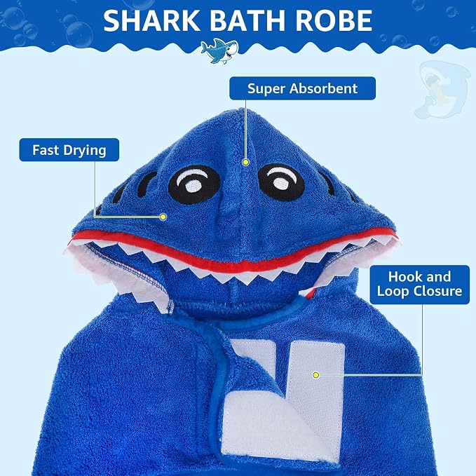 SCENEREAL Dog Bathrobe Fast Drying Towel Microfiber Dog Towel Robe with Hook and Loop Closure & Wrap Tie Snuggle, Super Absorbent Pet Cat Dog Bath Robe Drying Coat, Shark Hood S