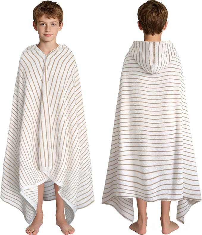 VOOVA & MOVAS Hooded Bath Towels for Teens/Big Kids (12Years Up) | Soft Absorbent 100% Cotton Thick Towel Wrap | Versatile Beach, Pool, Swim & Bath Cover-Up | White Brown