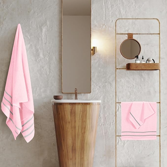 MyOwn Ultra Soft 3 Pack Cotton Towel Set, Contains a Bath Towel 28x55 inch, a Hand Towel 16x24 inch & Wash Coth 12x12 inch, Ideal Everyday use, Compact & Lightweight - Pink, 71686