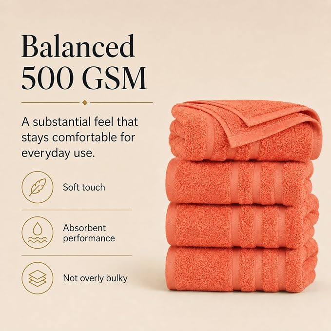 Velqora Bath Towels, 4 Pack, 30x60 in, 100% Cotton, Soft & Absorbent, Coral | Balanced Weight | Everyday Comfort | Easy Care