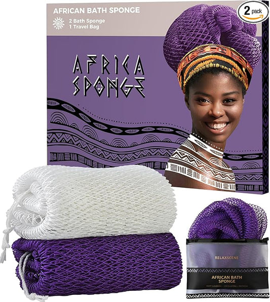 African Net Sponge Authentic - 2 Pieces Exfoliating Body Scrubber Bath Sponge - Back Scrubber Washcloth for Shower White&Purple - Real African Scrub Exfoliator Body Care Bathing Accessorie
