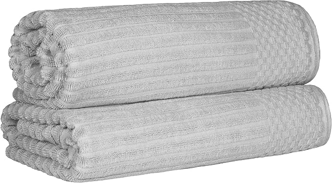 Superior Cotton 2-Piece Solid and Ribbed Bath Sheet Set, Bath Sheets- 34" x 68", Silver by Superior
