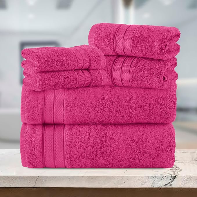 Elegant Comfort Luxury 6-Piece Towel Set, Premium Soft 100% Turkish Cotton, Three Line Popcorn Design 2 Bath Towels, 2 Hand Towels and 2 Washcloths Towel Set - Quick-Drying and Absorbent, Hot Pink