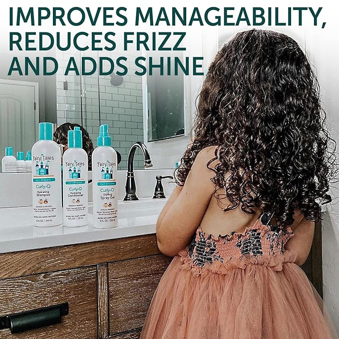 Fairy Tales Curly Q Hydrating Kids Shampoo 12oz, Conditioner 8oz, Styling Spray Gel 8oz & Refresher Spray 8oz - Paraben, Sulfate, Gluten & Nut Free - All Curl Types Incl. Multi Cultural Hair (4 Pk)