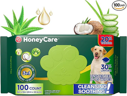 HONEY CARE Disposable Pet Wipes for Dogs & Cats – Cleansing & Soothing, Fragrance-Free, 100 Wipes for Paws, Butt & Body Cleaning