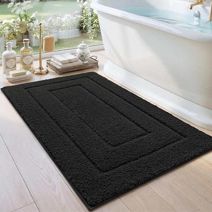 DEXI Bathroom Rug 43x24, Non Slip Washable Bath Mat for Shower Floor, Extra Large Absorbent Soft Bathmat with Rubber Backing, Quick Dry Microfiber Carpet, Black