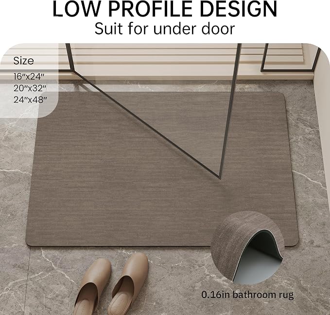 Mecko Bath Mat, Ultra Absorbent Quick Dry Bathroom Floor Mats-Rubber Non-Slip Thin Bathroom Rug Fit Under Door, Faux Suede Surface Shower Rug for Bathtub, Sink, Shower Room(Brown,20"x32")