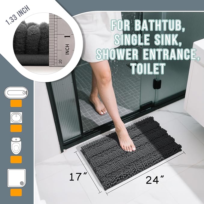 Yimobra Bathroom Rug Mat, Non Slip and Super Absorbent Bath Mat, Machine Washable Quick Dry, Ultra Plush Chenille Shower Rugs for Bathroom Floor Sink Tub and Shower Outside, Dark Gray, 24 x 17