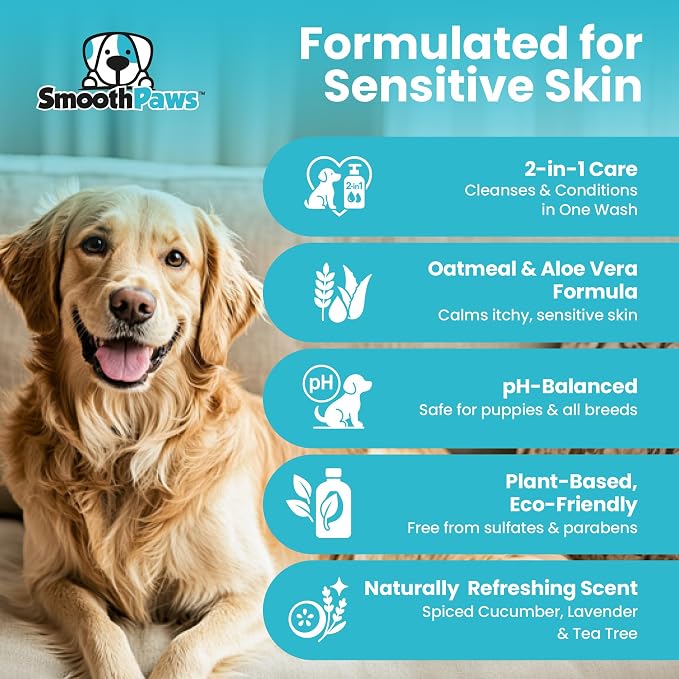 2-in-1 Natural Dog Shampoo & Conditioner – pH-Balanced for Dogs & Puppies | Gentle Oatmeal & Aloe Vera Formula for Sensitive Skin | Spiced Cucumber, Lavender & Tea Tree Scent | 16.9 oz |