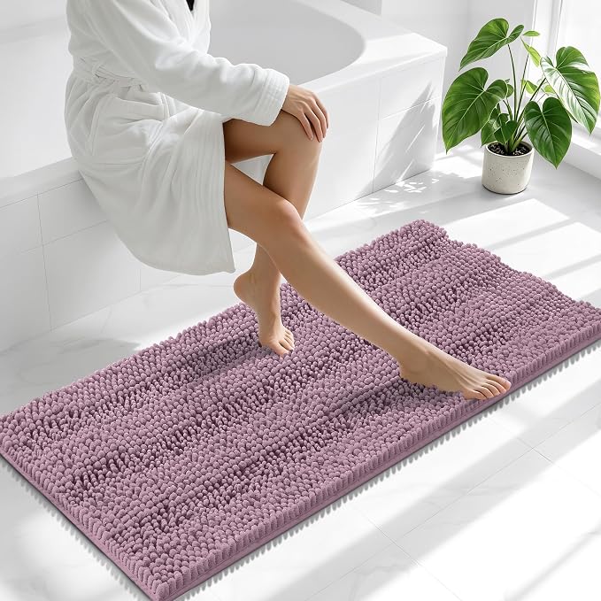 Smiry Thick Chenille Bathroom Runner Rugs 47x20, Extra Absorbent Striped Bath Mat, Machine Washable, Rubber Backing, Long Bath Rugs for Tub & Shower, Modern Home Decor Accessories, Deep Plum