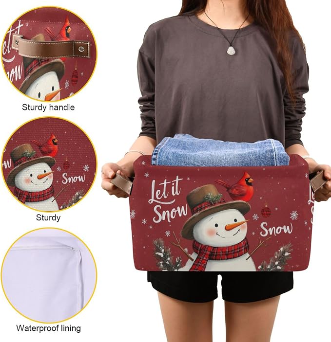 Winter Snowman Cardinal Birds Storage Basket with Waterproof Liner and PU Handles Let It Snow Christmas Red Storage Bins Boxes 14.2" Collapsible Decorative Baskets for Bedroom Closet Office 2 Pack