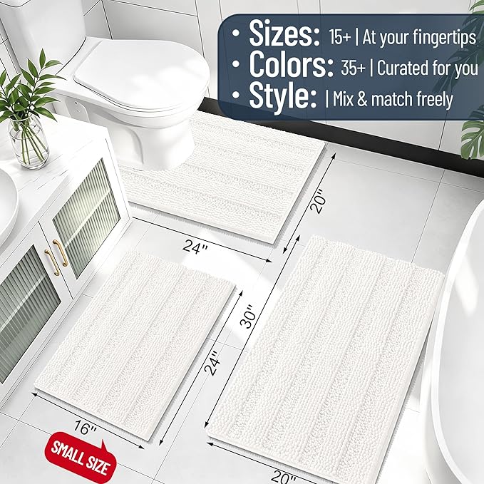 Smiry Thick Chenille Large Bathroom Rugs 44x32, Extra Soft Absorbent Striped Bath Mat, Machine Washable, Rubber Backing, Bath Rugs for Bathroom, Tub & Shower, Home Decor Accessories, Ivory