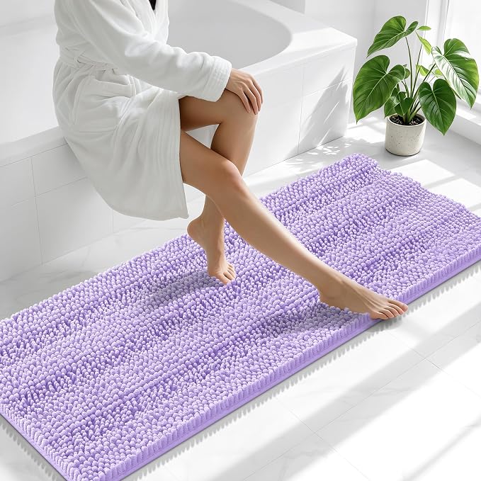 Smiry Thick Chenille Bathroom Runner Rugs 59x20, Absorbent Striped Bath Mat, Machine Washable, Rubber Backing, Extra Long Bath Rugs for Tub & Shower, Modern Home Decor Accessories, Lavender