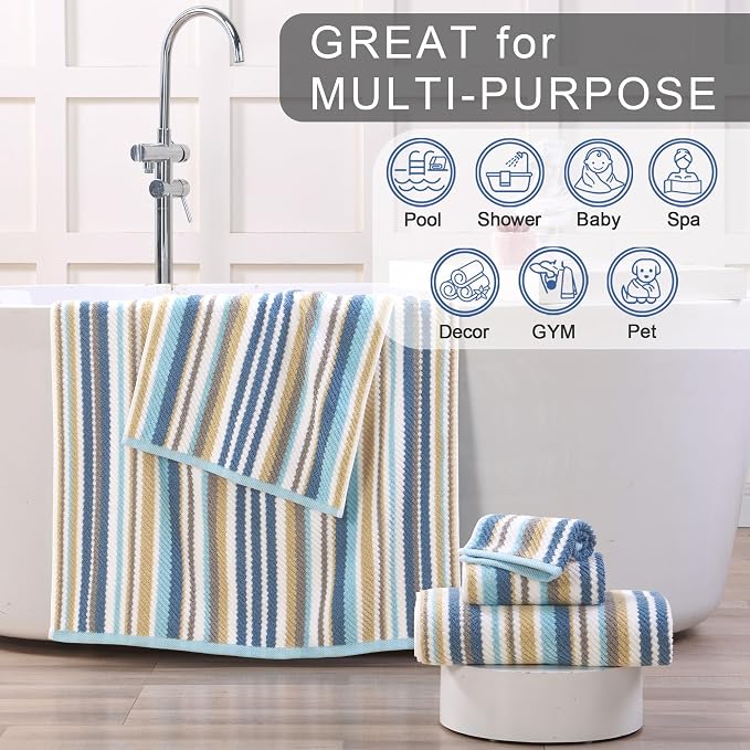 Striped Towels Set, 3PC Bathroom Towels - 100% Cotton | Quick Dry | Soft | Absorbent, 1 Bath 28"x52", 1 Hand 16"x27", 1 Face 13"x13", Luxury Bath Towels with Hanging loops, Blue+Gray+Beige Stripe