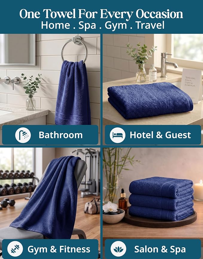 Casa Platino Hand Towels for Bathroom - 4 Pack (16"x28") - 100% Cotton Hand & Face Towels - Durable, Lightweight & Quick Dry - Affordable Bathroom Hand Towel, Everyday Essential for Dorm Rooms - Navy