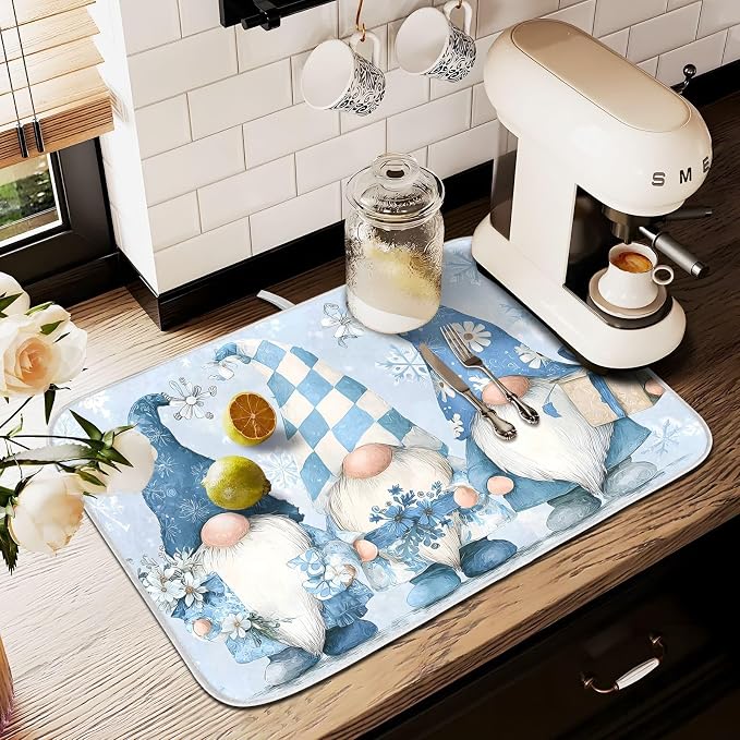 Three Blue Gnomes Dish Drying Mat, Absorbent Drainer Mats for Kitchen Counter Coffee Maker 18"x16"