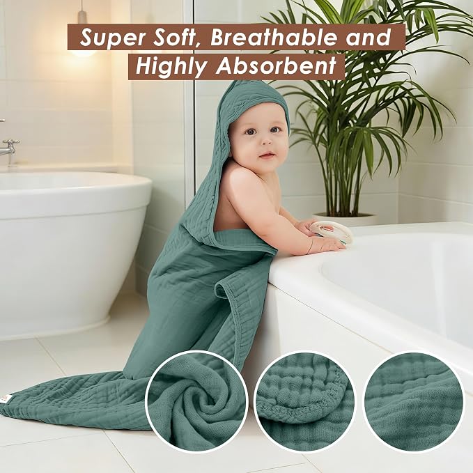 Ease Cubs 3-Pack Muslin Hooded Baby Towels, 100% Cotton, Ultra-Soft & Absorbent Baby Bath Towels with Hood for Babies, Infant, Toddler and Newbron (Emerald Series,32" x 32")