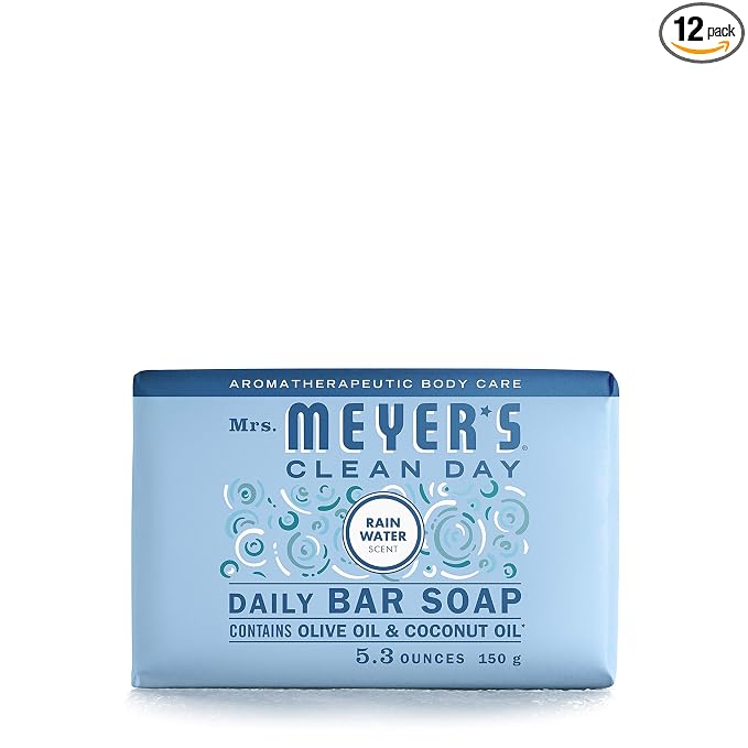 Mrs. MEYER'S CLEAN DAY Bar Soap, Use as Body Wash or Hand Soap, Made with Essential Oils, Rain Water, 5.3 oz, 1 Bar (Pack of 12)