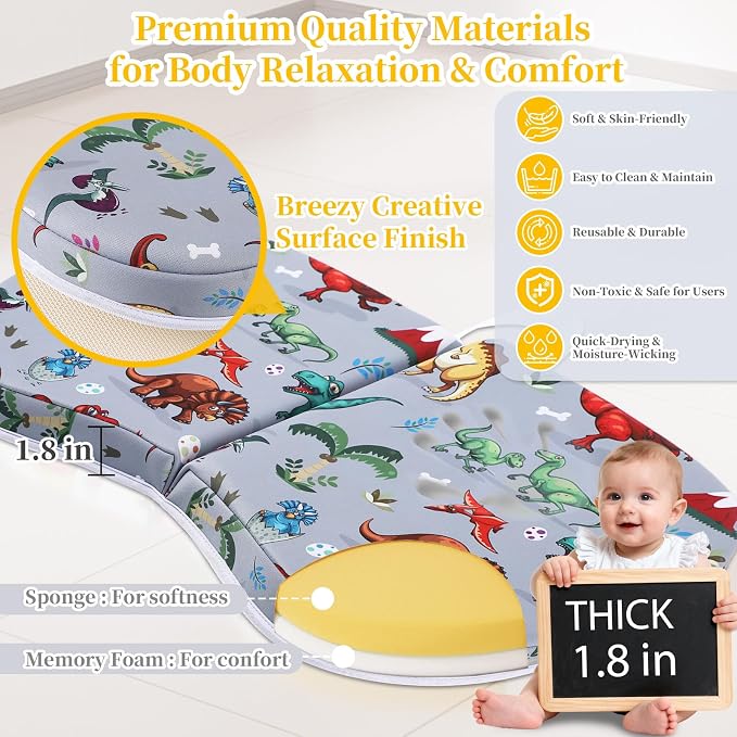 Bath Kneeler and Elbow Rest Pad Set, Dinosaur Design 1.5" Thick Comfortable Kneeling Cushion with Organizer Pockets - Quick Drying, Foldable, Non-Slip for Bathing Time