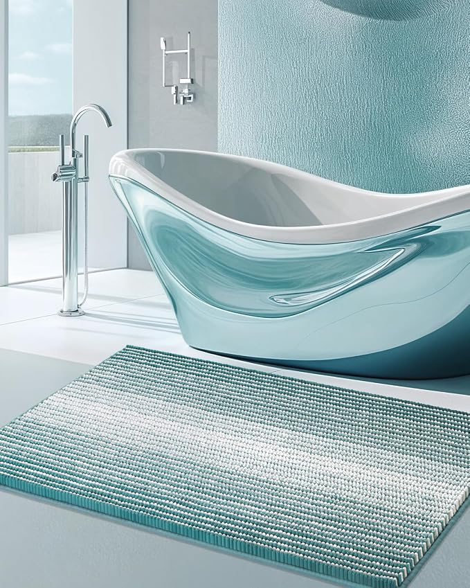 BSICPRO Chenille Bathroom Rugs, 24 x 43 Inches Non Slip Absorbent Bath Mat, Soft Shaggy Shower Bath Floor Mats for Bathroom, Machine Washable(Aqua Green)