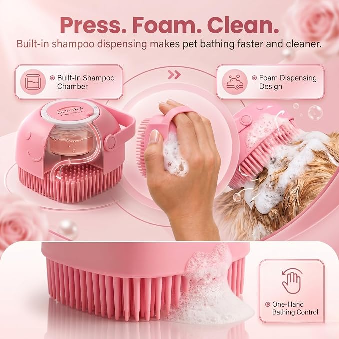 DIYORA Pet Shampoo Brush, 2-in-1 Silicone Bath Brush with Soap Dispenser for Dogs & Cats, Grooming, Massaging, Shedding & Deep Cleaning Tool for Short Hair, Long Hair & Small Pets(Pink)