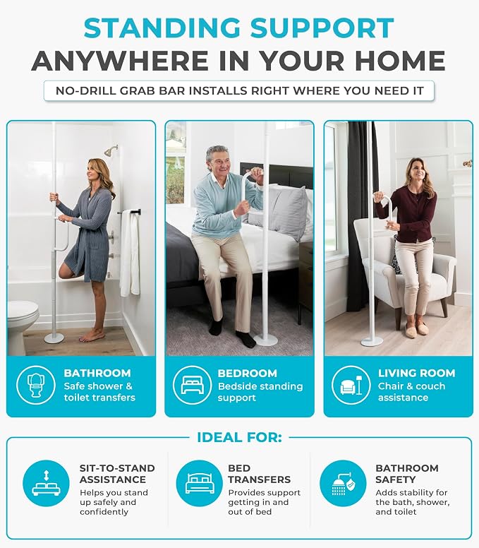 Stander Single Handle Non-Rotating Floor to Ceiling Grab Bar, No-Drill Tension Mounted Transfer Pole for Seniors, Bath Safety & Bedside Assist Rail for Home Standing Support & Fall Prevention, White